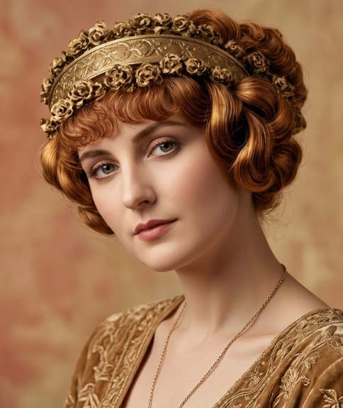 Chignon avec boucles et couronne dor&eacute;e