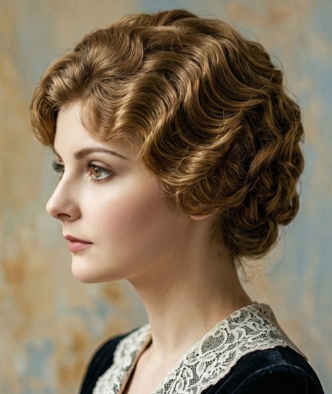 Coiffure élégante des années 1910 avec ondulations Marcel