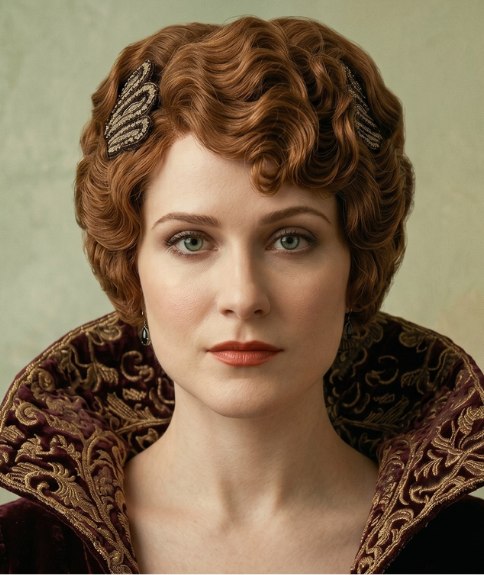 Cheveux brun-roux coiffés en une élégante coiffure relevée à la mode en 1914