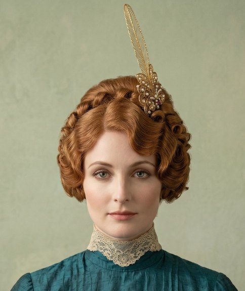 Chignon des ann&eacute;es 1910 avec plume dor&eacute;e