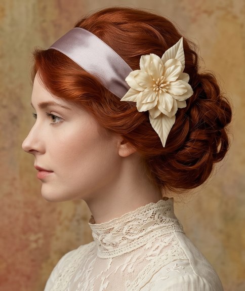 Coiffure de 1919 avec un bandeau en satin et une fleur