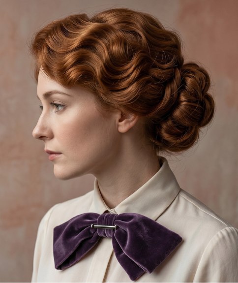 Chignon pour cheveux cuivr&eacute;s avec boucles et ondulations
