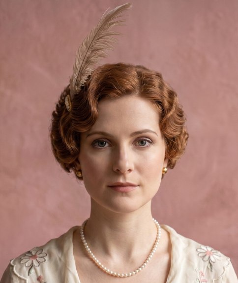 Cheveux roux ondulés avec une plume