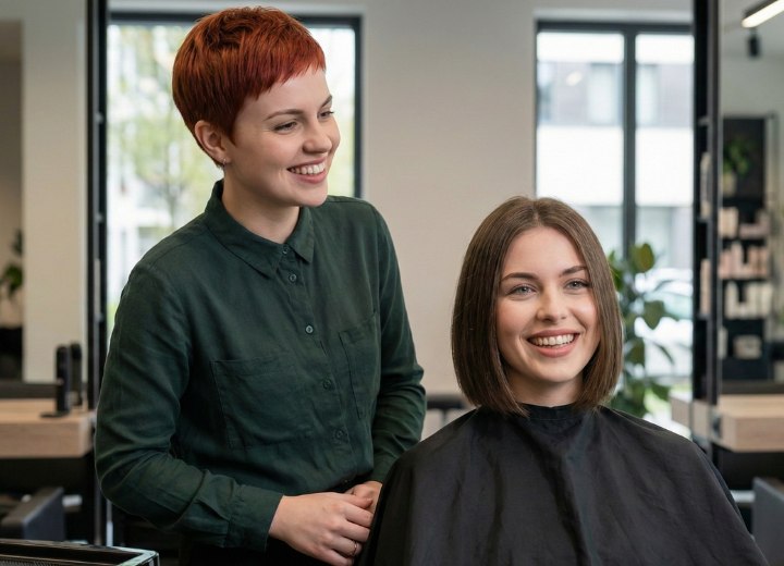 Cliente de salon de coiffure apr&egrave;s une grande transformation en carr&eacute;