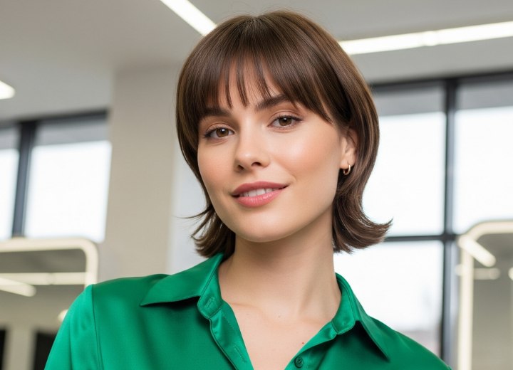 Fille avec les cheveux au carré et portant un chemisier en satin