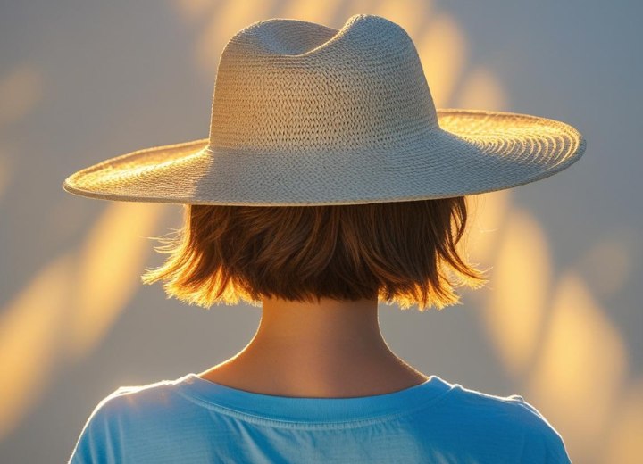 Femme portant un chapeau de paille pour protéger ses cheveux