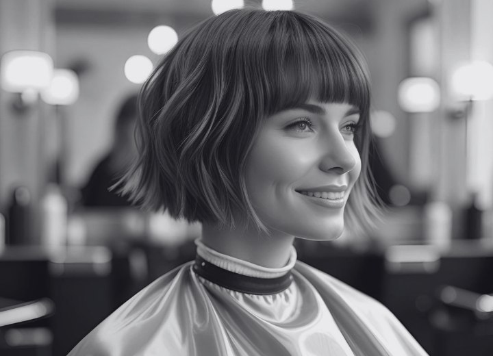 Cliente dans un salon de coiffure, portant une cape
