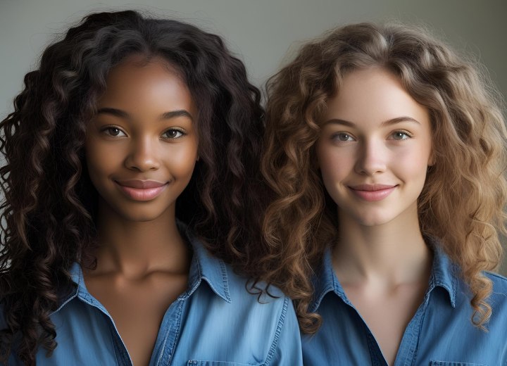Femme africaine et européenne aux cheveux longs et bouclés