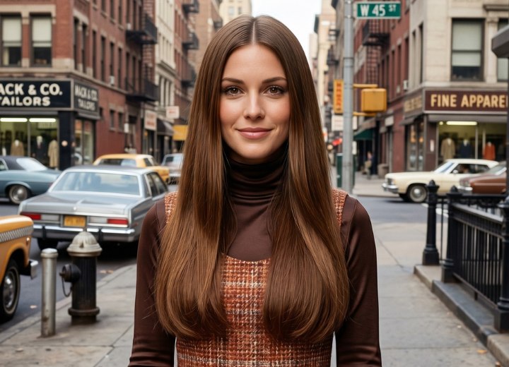 Cheveux longs et raides des années 1970 avec une raie au milieu