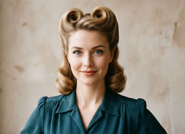 Coiffure des années 1940 avec victory rolls