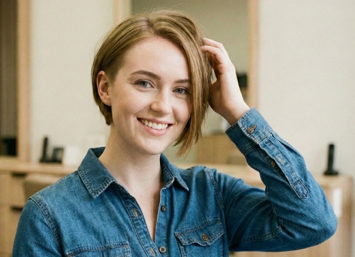 Femme portant une coupe carr&eacute; court asym&eacute;trique