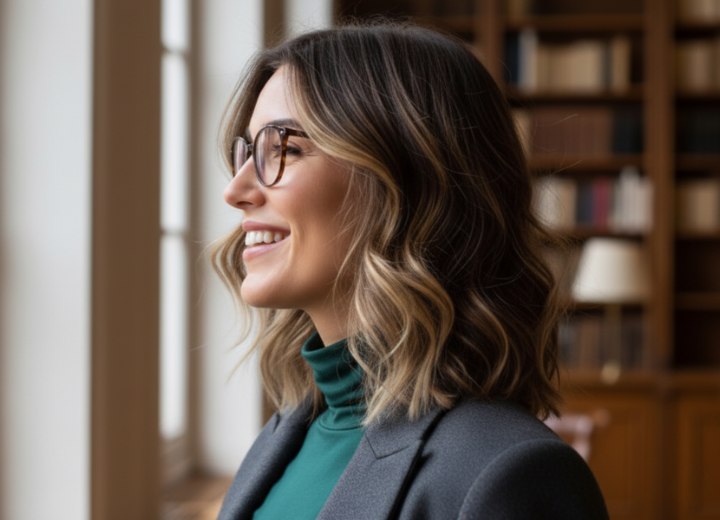 Coiffure ondulée longueur épaules – Vue de côté