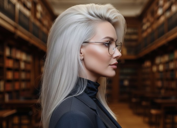 Coiffure longue, lisse et uniforme blond platine – Vue de côté
