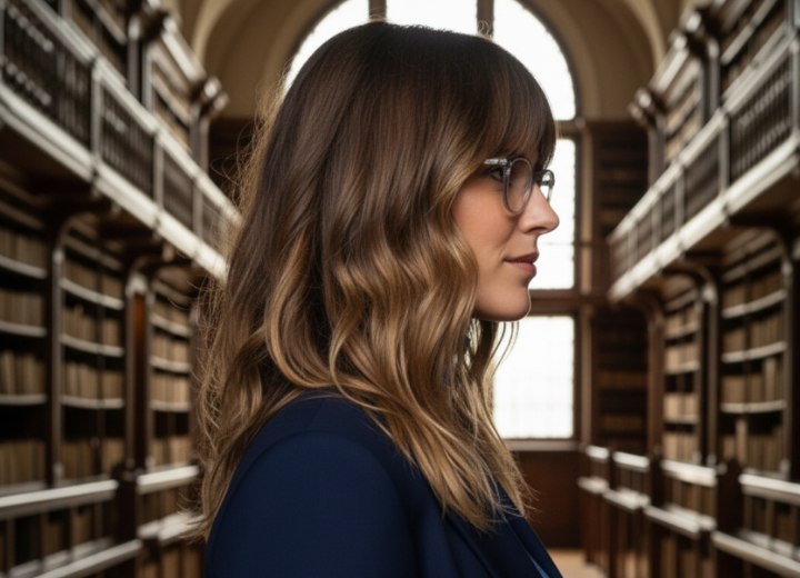 Cheveux ondulés sous les épaules – Vue de côté