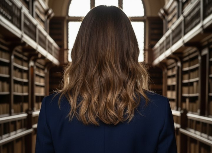 Cheveux longs bruns méchés – Vue de dos