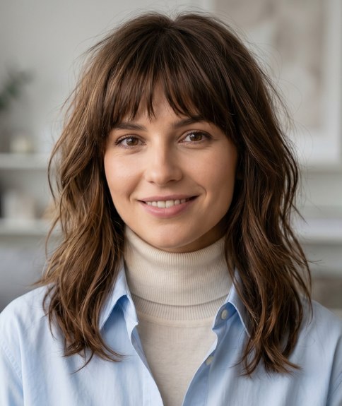 Cheveux longs, au-del&agrave; des &eacute;paules, avec des ondulations