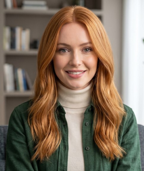Cheveux longs cuivr&eacute;s avec des ondulations