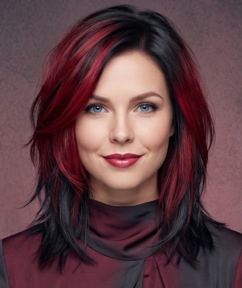 Cheveux noirs juste sous les épaules avec mèches rouges