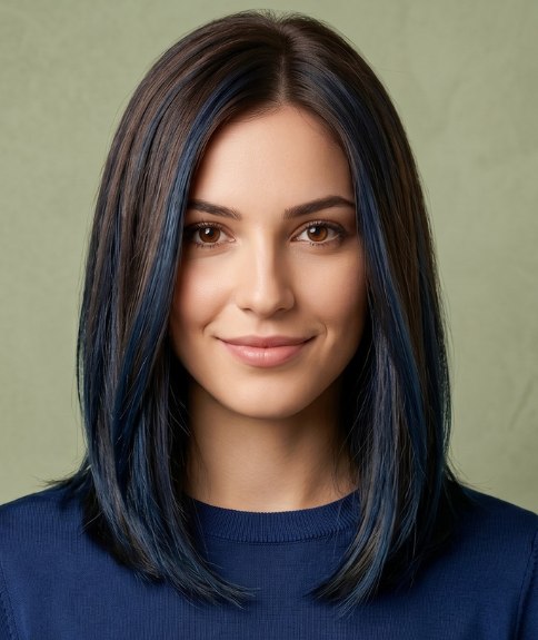 Cheveux longs brun foncé avec reflets bleus