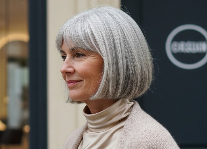 Carré au niveau du menton pour femmes aux cheveux gris