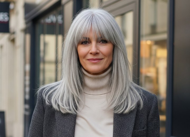 Coiffure longue avec frange pour cheveux gris