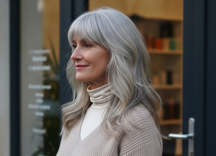 Coiffure longue pour cheveux gris, avec frange et ondulations