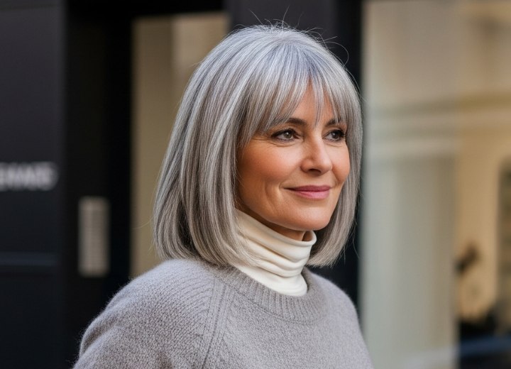 Carré long jusqu'aux épaules pour cheveux gris