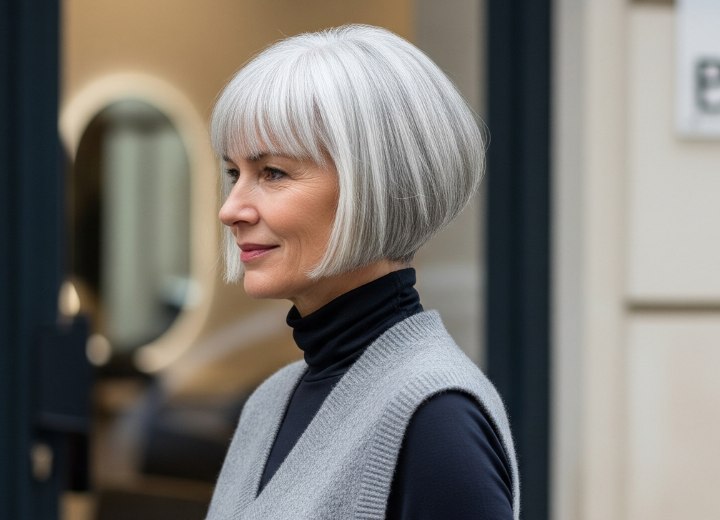 Carré plongeant au niveau du menton pour cheveux gris