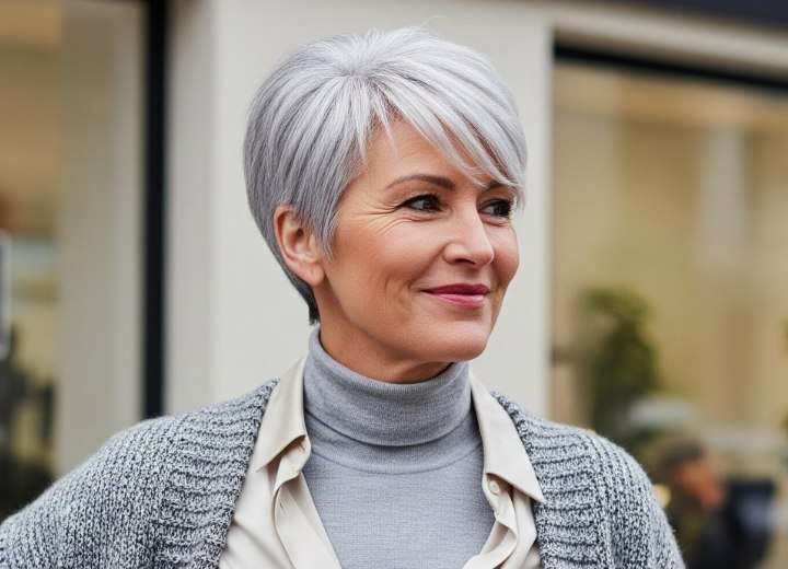 Coupe pixie douce pour cheveux gris