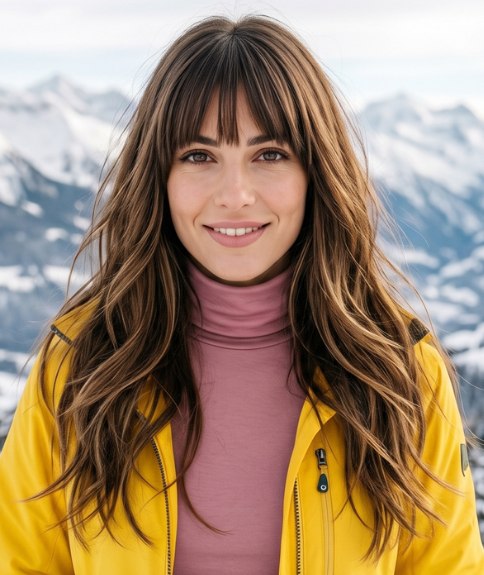 Longs cheveux brun châtain avec de douces ondulations