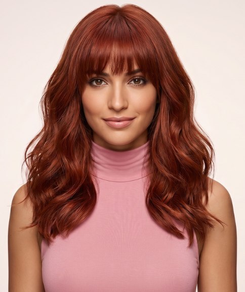Cheveux longs et ondul&eacute;s roux avec une frange