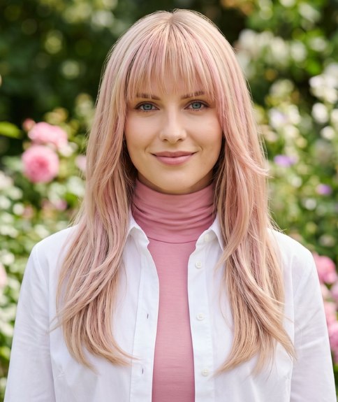 Longs cheveux blonds avec des tons roses
