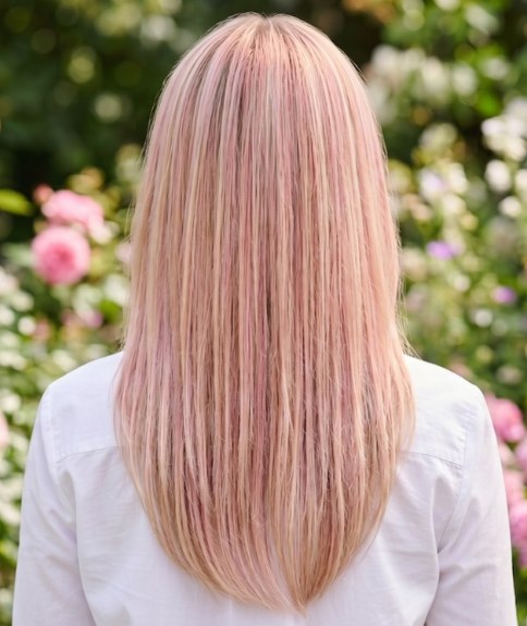 Cheveux blonds, au-del&agrave; des &eacute;paules, avec des m&egrave;ches roses