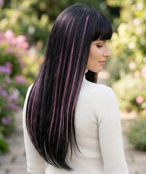 Cheveux noirs avec des m&egrave;ches roses