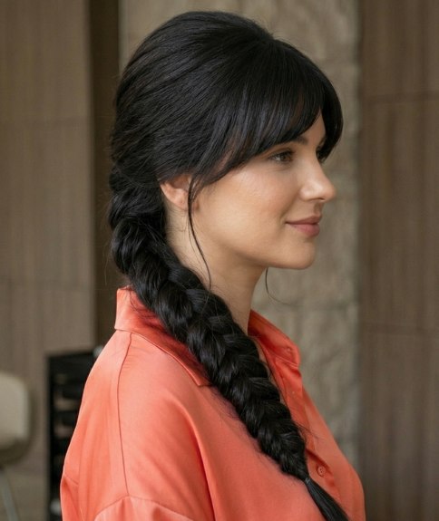 Cheveux noirs, coiff&eacute;s en tresse
