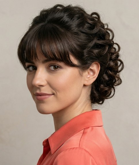 Chignon avec des boucles et une frange