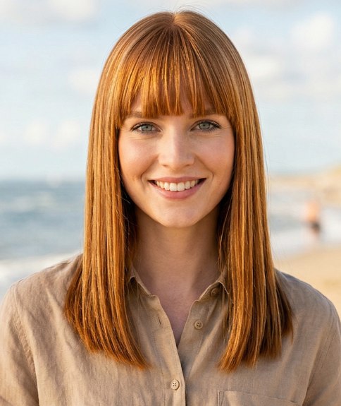 Coiffure de plage avec des cheveux lisses juste sous les &eacute;paules et une frange