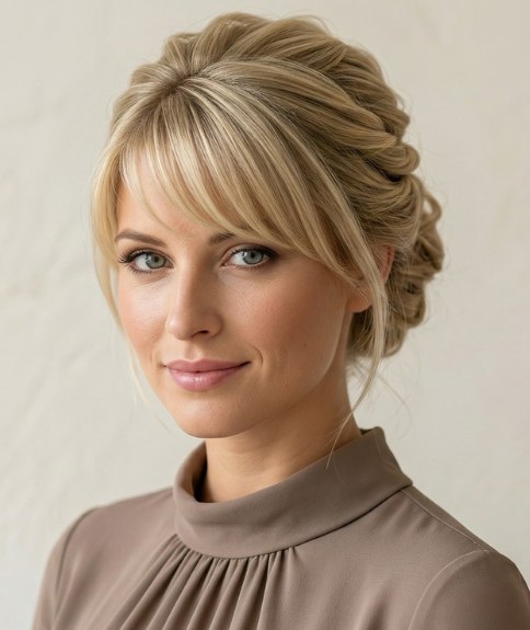 Chignon avec une longue frange balay&eacute;e sur le c&ocirc;t&eacute;