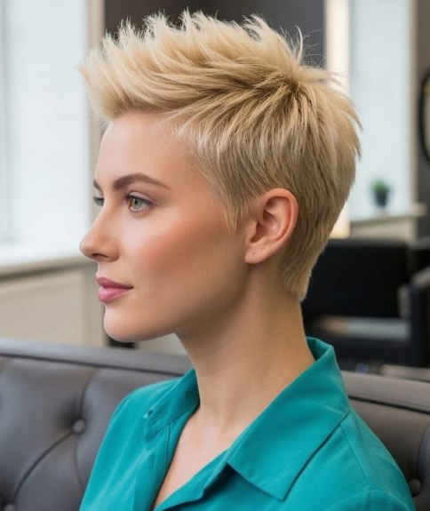 Coupe &agrave; la gar&ccedil;onne blonde avec coiffage en pointes
