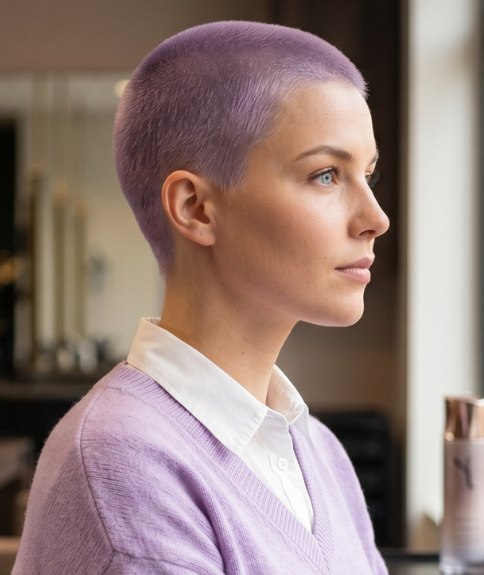 Femme aux cheveux rasés dans une couleur pastel