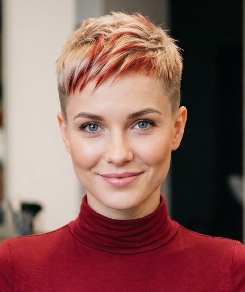 Cheveux très courts mêlant blond et rouge