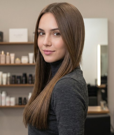 Cheveux bruns très longs et lisses