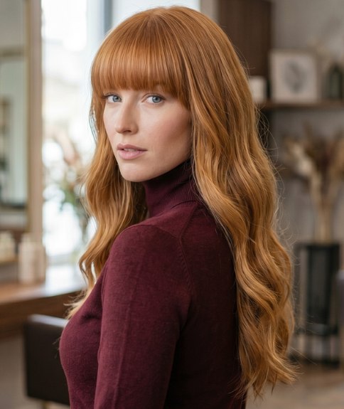 Coiffure rousse très longue avec une frange
