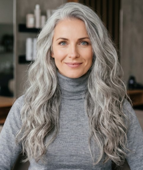 Femme aux cheveux gris très longs