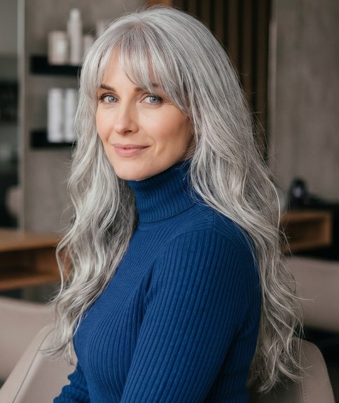 Coiffure très longue pour cheveux gris