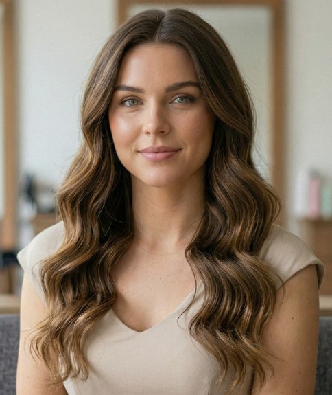 Cheveux longs bruns avec des m&egrave;ches et des ondulations douces