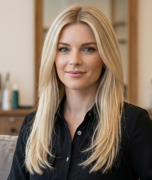 Coiffure blonde longue, simple et lisse
