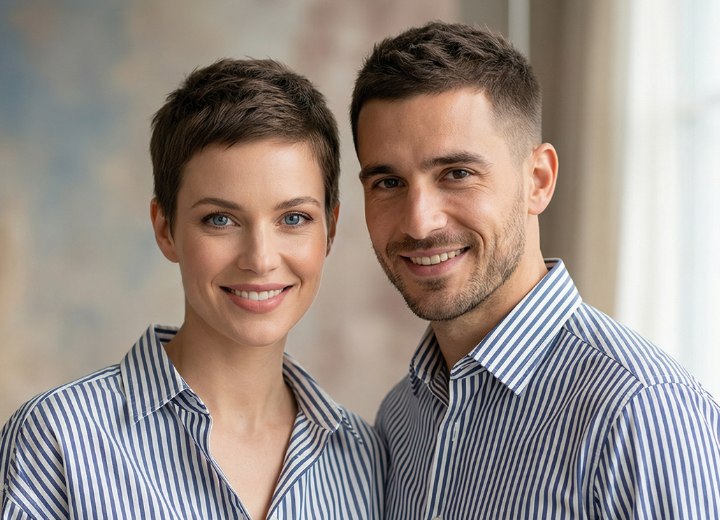 Look assorti avec l&rsquo;homme et la femme portant tous deux des cheveux courts et une chemise