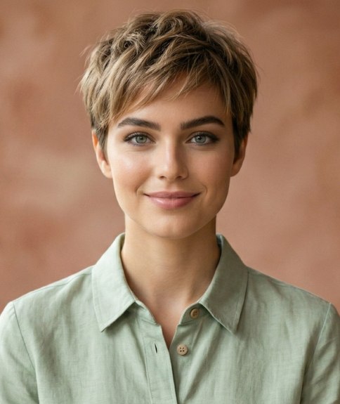 Femme avec de nouveaux cheveux courts apr&egrave;s une transformation inattendue
