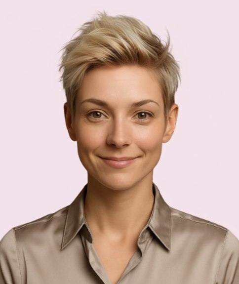 Coiffure courte avec une houppette volumineuse